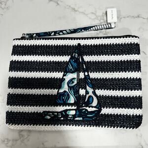 New Vera Bradley Shore Enough Sailboat Straw Wristlet Black White Stripe